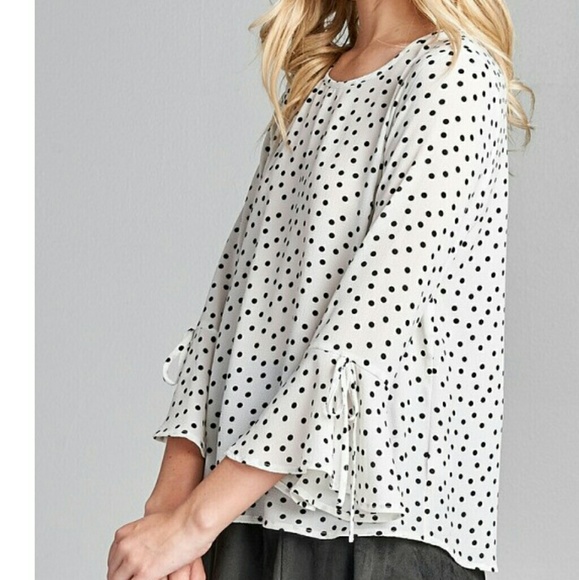 Black White Polka Dots Bell Sleeve Blouse - Picture 3 of 5